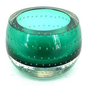 Murano Small Bowl Art Glass Bullicante Green 2.25" Tall Votive Tea Light Vtg